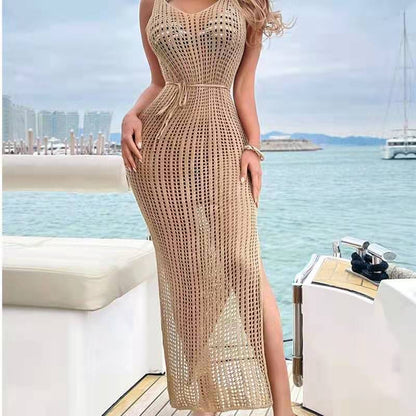 Dress Summer Sexy Split Suspender Skirt Thin Backless Knitted Dress Crochet