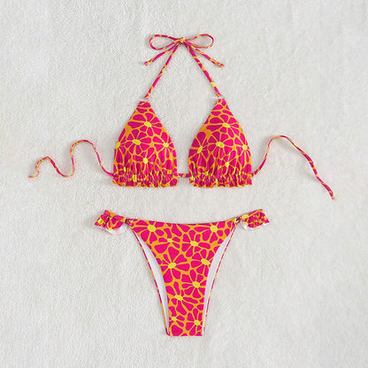 Printed Sexy Bikini Swimsuit Women Lace up Beach Spring Swimsuit Bikini