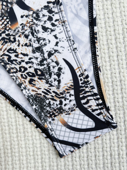 Chic Double One Piece Swimsuit Halter Bikini Swimsuit Women Sexy Swimsuit Printed Bikini