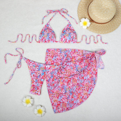 Printed Bikini Three Piece Gauze Skirt Split Sexy Vacation Bikini Swimsuit