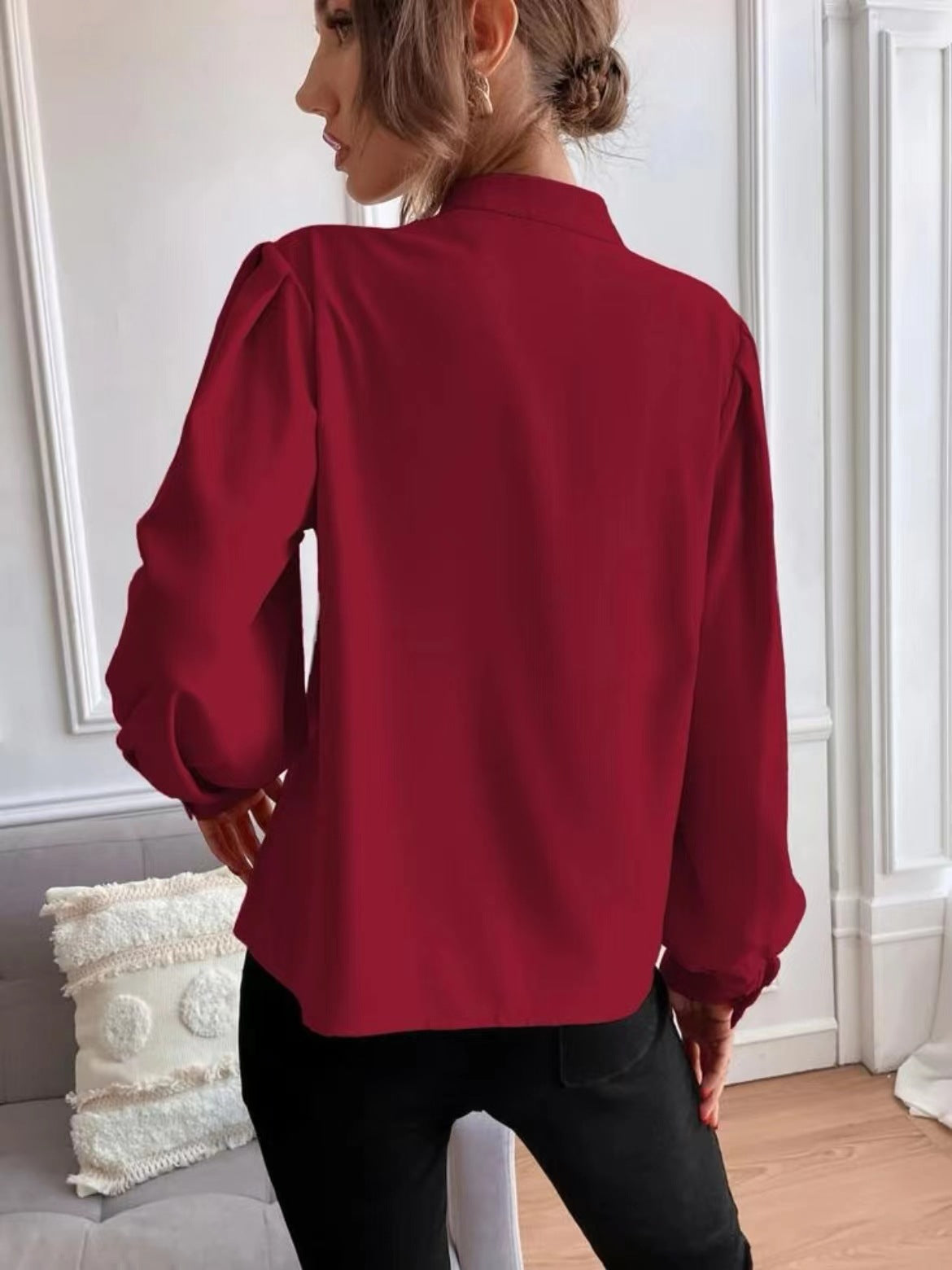 Women Shirt Autumn Elegant Solid Color Collared Long Sleeve Single Row Button Loose Women Top
