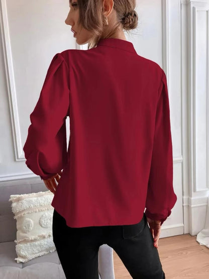 Women Shirt Autumn Elegant Solid Color Collared Long Sleeve Single Row Button Loose Women Top