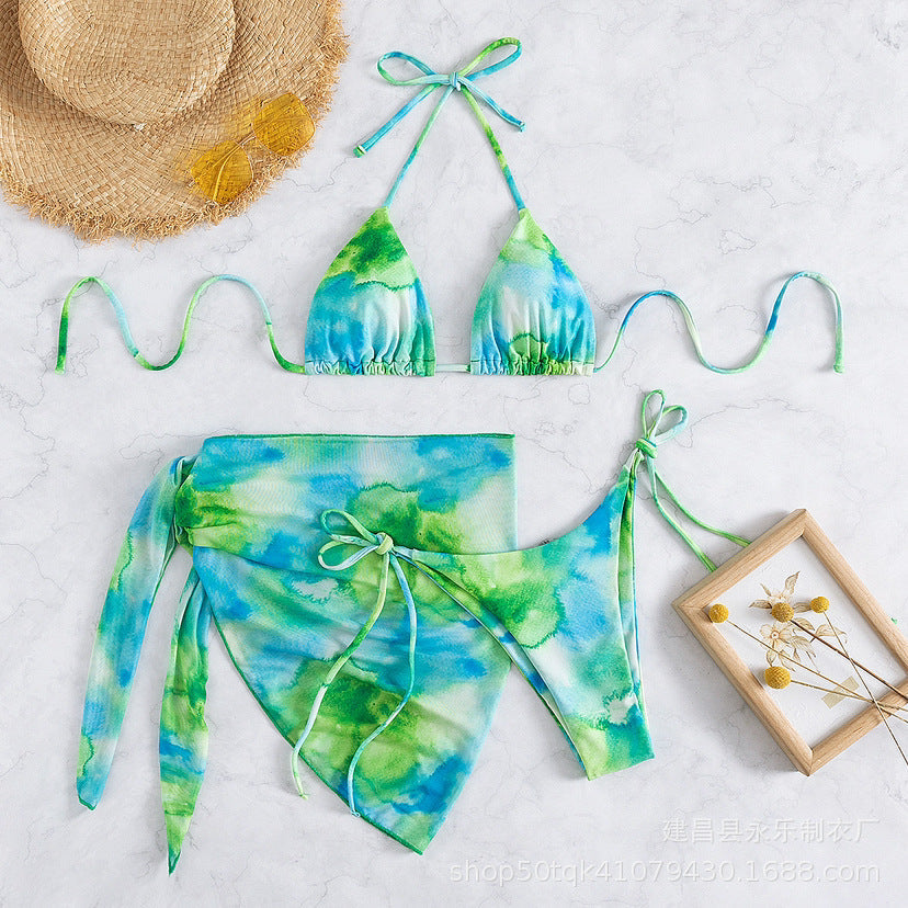 Solid Color Triangle Cup Bandage Sexy Bikini Three Piece Swimsuit