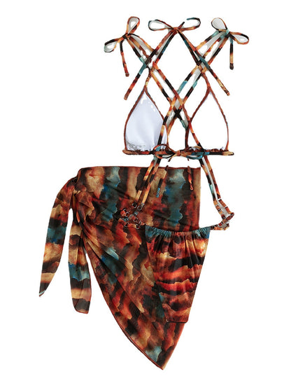 Gradient Printing Series with Net Hanfu Long Robe Sexy Three Piece Set Swimsuit Swimwear Women