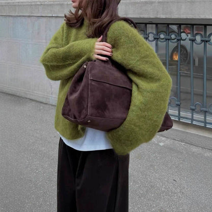 Women Autumn Winter Loose Long Wool Alpaca round Neck Sweater