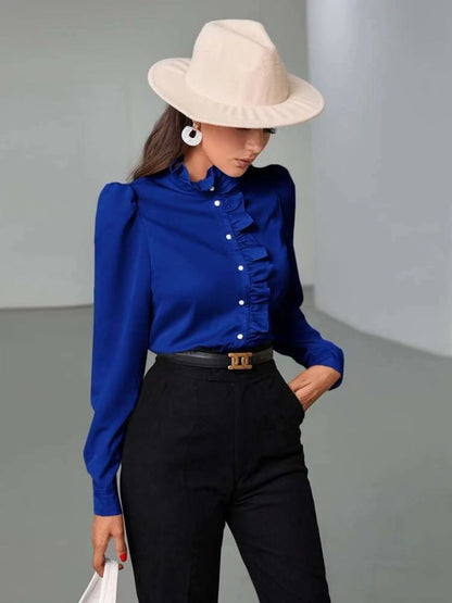 Women Shirt Autumn High Grade Acetate Fabric Shirt Half Sleeve Ruffled Straight Women Top