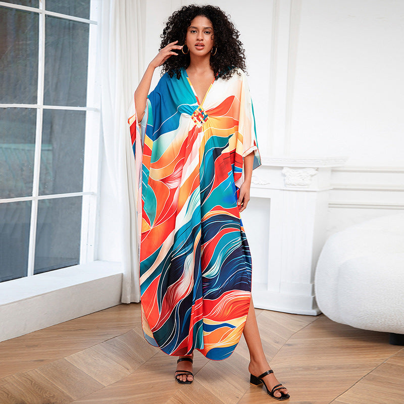 Positioning Print Holiday Loose plus Size Robe Beach Cover up Dress Bikini Cover-up Women&