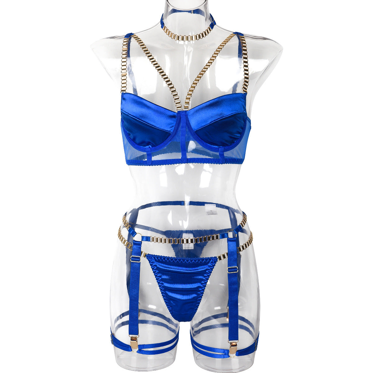 Women Clothing Thick Chain Heavy Industry Metal Stitching Four Piece Set Sexy Underwear