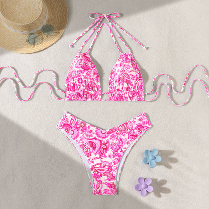 Solid Color Lace Up Adjustable Halter Top Sexy V Shaped Bottom Bikini