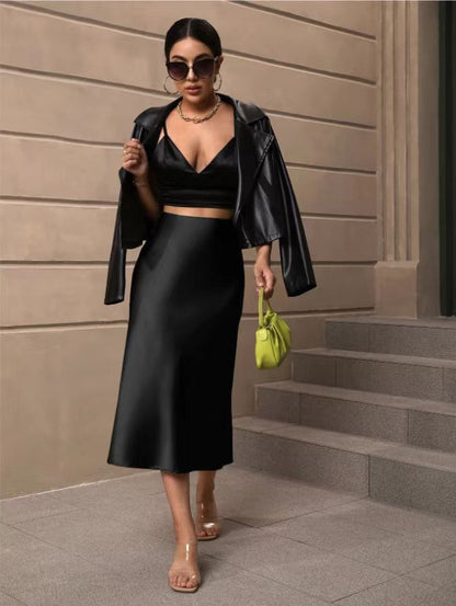 Hip Wrapped Fishtail Skirt Satin Mid Length Skirt Autumn Women Clothing Direct
