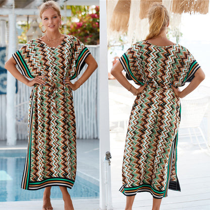 Rayon Wave Print Beach Cover-up Robe Vacation Sun Protection Shirt Bikini Cover