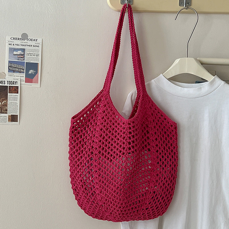 Casual Large Capacity Cotton Thread Woven Bag Hollow Out Cutout Straw Bag Idle Shoulder Bag Vacation Beach Bag Women Bag
