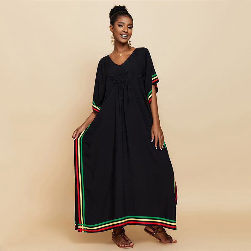 Rayon Pressure Color Stripes Beach Cover-up Sexy Loose Robe Vacation Dress Beach Cover Up