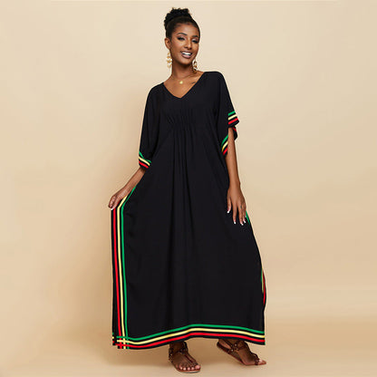 Rayon Pressure Color Stripes Beach Cover-up Sexy Loose Robe Vacation Dress Beach Cover Up