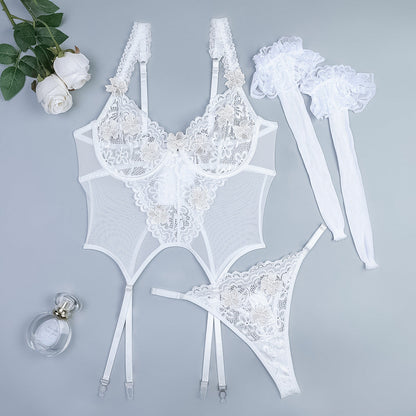 Leggings White Floral Embroidery Patch Handmade Exquisite Cropped Outfit Slimming Sexy Underwear Three Piece Set