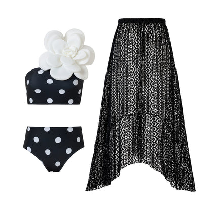 Floral Print One Piece Swimsuit Women Retro Belly Covering Chiffon Dress Swimsuit