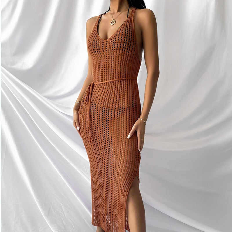 Beach Casual Solid Color Knitted Hollow Out Cutout Out Camisole Knitted Dress Blouse Outer Dress