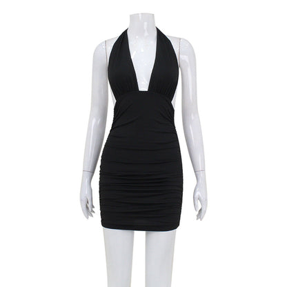 Women Sexy V neck Halter Backless Dress Elegant Pure Sexy Hip