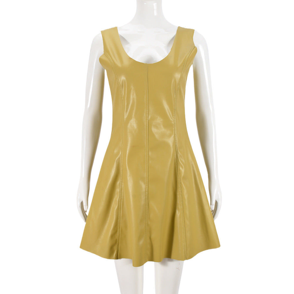 Faux Leather Women Clothing U Collar Sleeveless Sexy Patchwork Personality Dress