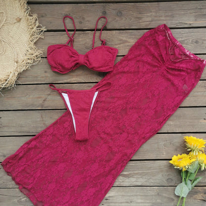 Three Point Banded Bikini Half Length Mesh Long Skirt Three Piece Sexy Backless Split Swimsuit for Women