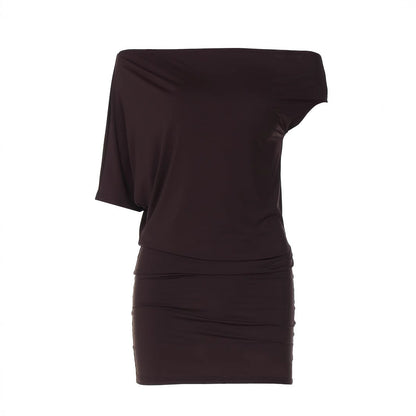 Sexy Solid Color Women Clothing Sexy Tube Top Irregular Asymmetric Shoulder Sleeve Short Slim Sheath Dress Women