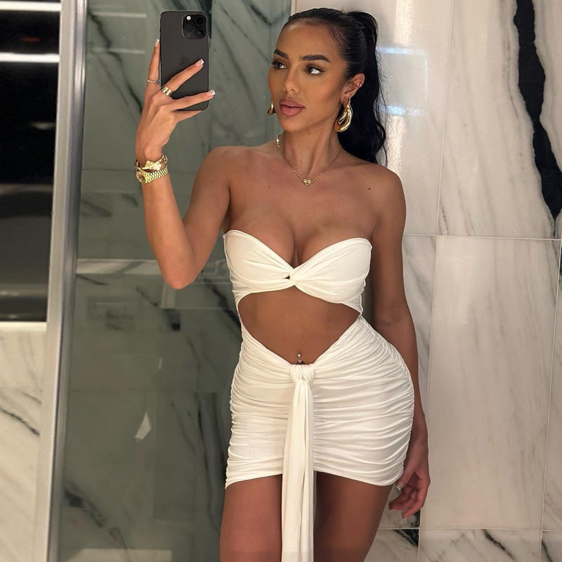 Sexy Tube Top Dress Summer Sexy Party Hollow Out Cutout Out Solid Color Sheath Short Dress