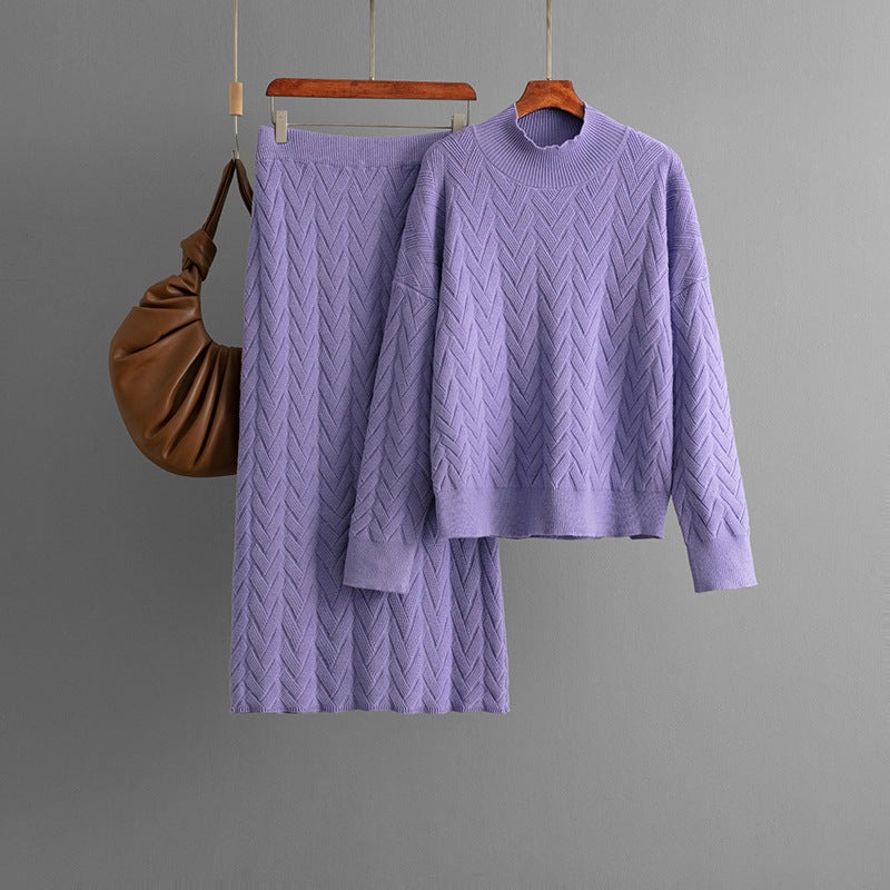 Autumn Winter Jacquard Half High Collar Long Sleeves Knitwear Pullover Top Skirt Two Piece Set