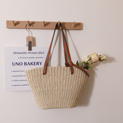 Simple Shoulder Straw Bag Large Capacity Woven Tote Women Bag Seaside Vacation Beach Bag