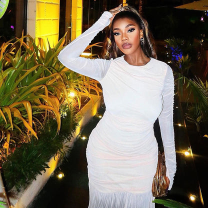 Women Clothing Solid Color Dress round Neck Long Sleeve Mesh Stitching Casual Dress