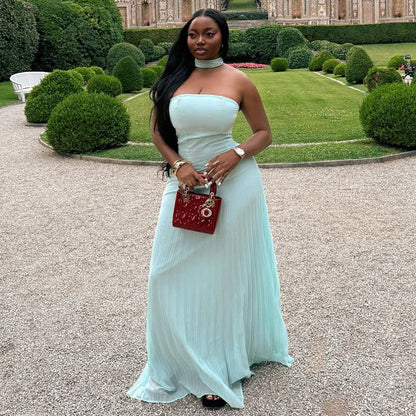 Women Clothing Summer Elegant Halter Tube Top Green Dress Cocktail Maxi Dress