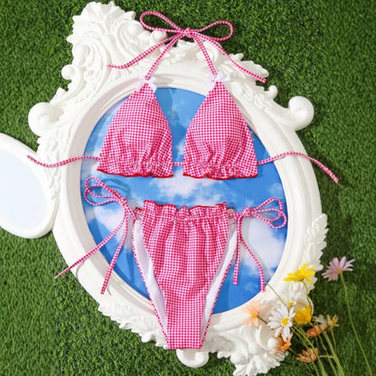 Sweet Sexy Bow Floral Plaid Split Vacation Swimsuit Women Bikini