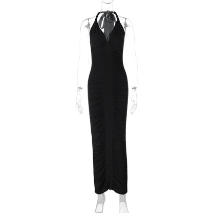 Women Clothing Winter Sexy V neck Backless Lace up Slim Fit Pleated Dress