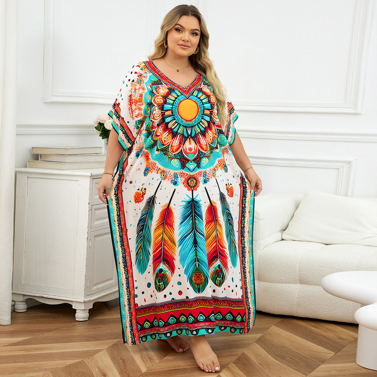 Rayon Positioning Print Holiday Loose Robe Beach Jacket Dress Bikini Cover up Blouse