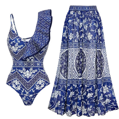 One Shoulder Ruffled One Piece Swimsuit Women Sexy Backless Print Swimwear Swimsuit