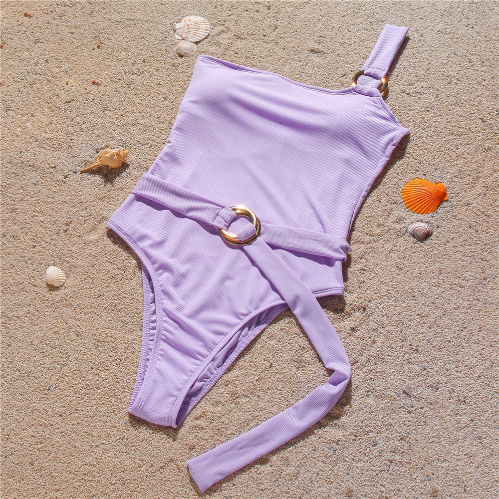 Sexy Solid Color One Shoulder Slim Thread Fabric Bikini Swimsuit