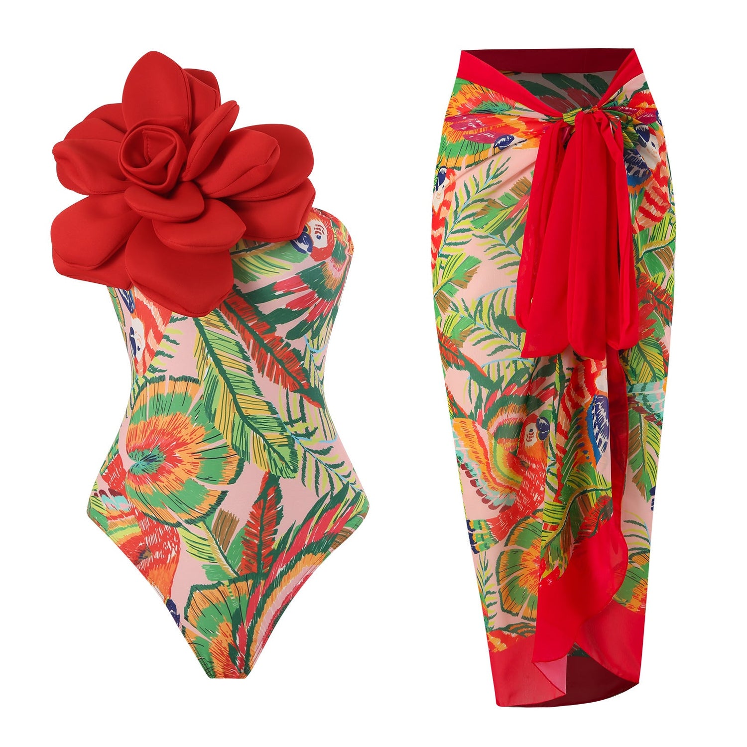 One Piece Swimsuit Women Skinny Slimming Big Floral Swimsuit Outfit Chiffon Dress