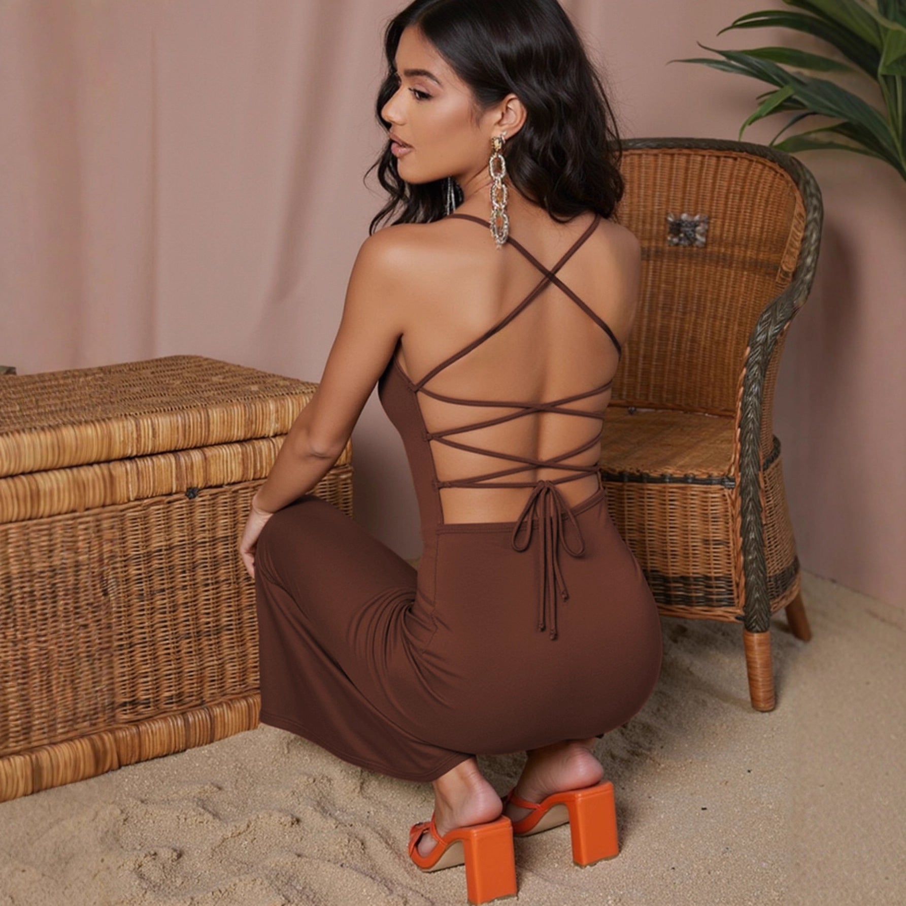 Suspender Backless Women Dress Sexy Adult Lady like Woman Sheath Dress