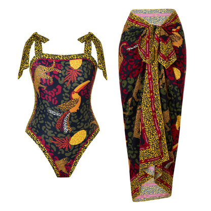 Products Retro Printed Swimsuit Women Conservative One Piece Chiffon Two Piece Sets Blouse Swimsuit Outfit