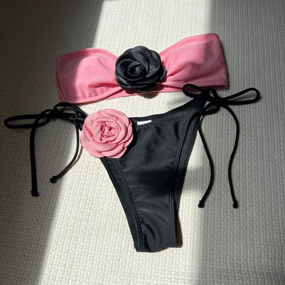 Color Matching Rose Tube Top Lace up Drawstring Strap Split Swimsuit Bikini