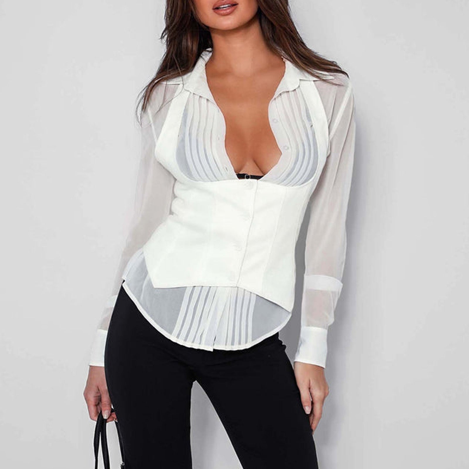Women Polo Collar Shirt Vest Two Piece Set Sexy Halter Waist Tight Top