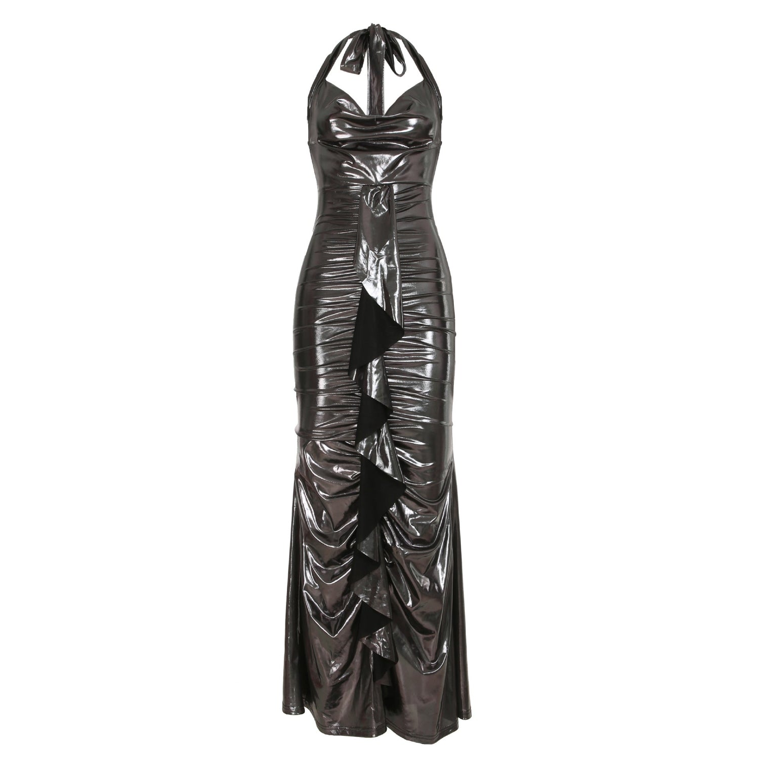 Sexy Dress Elegant Glossy Coating Backless Lace up Swing Collar Slim Fit Sheath Mop Dress