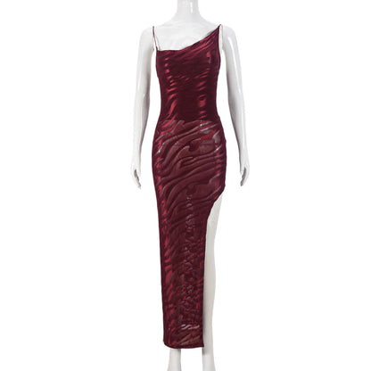 Women Clothing Mesh Flocking Spring Backless Lace up Diagonal Collar Sexy Sling Dress