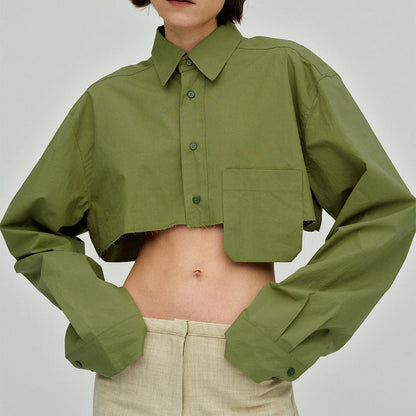 Autumn Cropped Asymmetric Stitching Casual Dignified Sense of Design Short Model in White Color Shirt Women Clothing