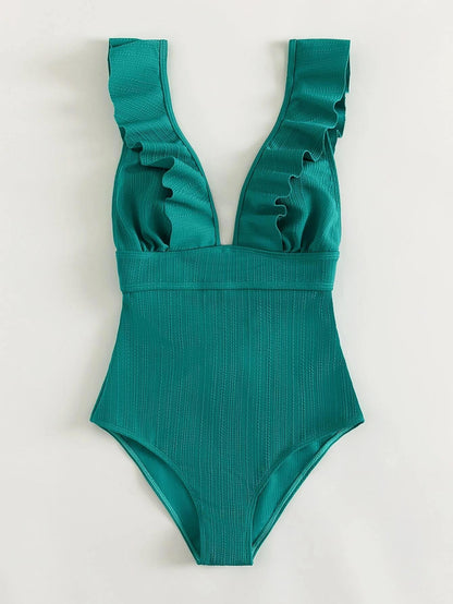 One Piece Women Swimsuit Special Fabric Backless Flying Edge Cover Belly Conservative Swimsuit Women