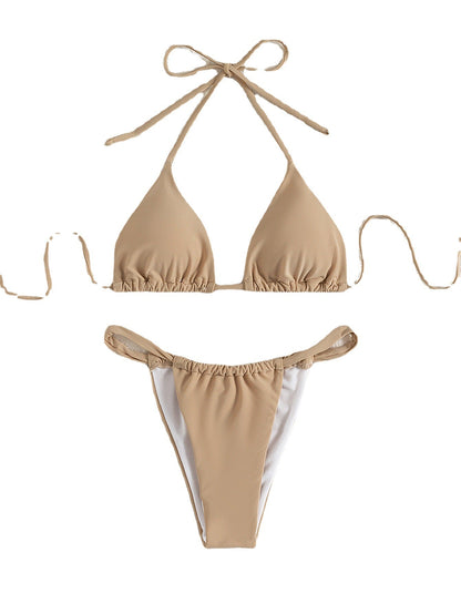 Sexy Solid Color Split Triangle High Waist Bikini Women Halter Triangle Cup Swimsuit