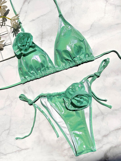 Bronzed Fabric Split Bikini Three Dimensional Floral Sexy Hanging Triangle Bag Swimsuit