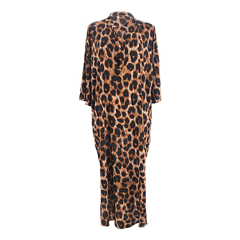 Rayon Stand Collar Leopard Dot Robe Seaside Vacation Dress Loose Bikini Swimsuit Blouse Outer Wear Women