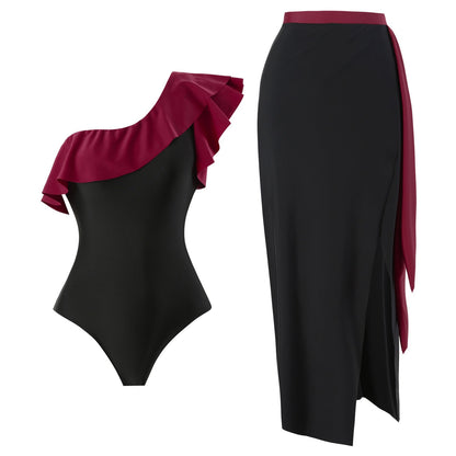 One Piece Swimsuit Retro Shoulder Swimsuit Set