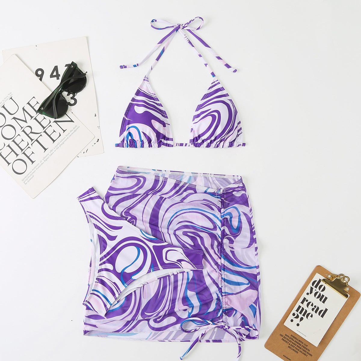 Women Swimsuit Women Split Three Piece Skirt Striped Bikini