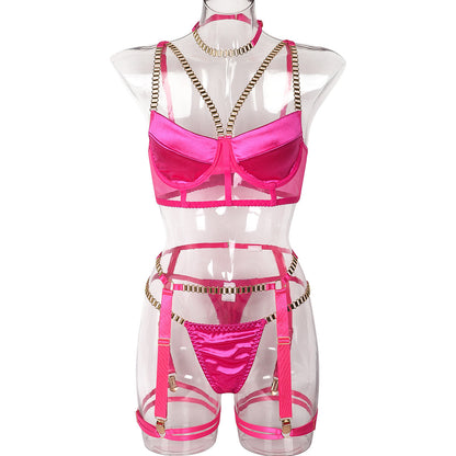 Women Clothing Thick Chain Heavy Industry Metal Stitching Four Piece Set Sexy Underwear